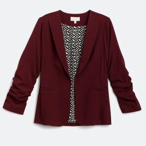 Raja Collarless Ruched Sleeve Blazer - Size: Small, Color: Burgundy